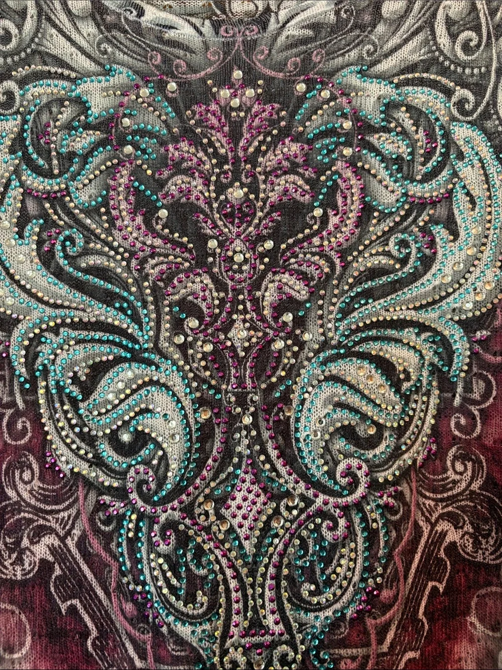Women's Long Sleeve Embellished Print Top - Teal & Wine - Picture 2 of 5